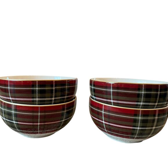 222 Fifth Wexford Porcelain Soup Cereal Bowls Red Tartan Plaid 5.5" Set of 4 New - Picture 8 of 13